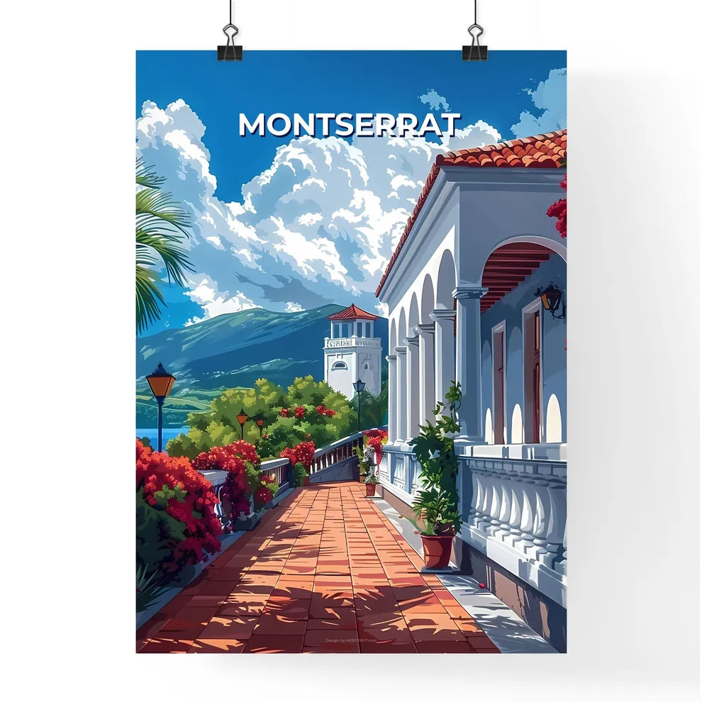 Colorful Art Painting of a Building with Balcony in Montserrat, North America with Mountain View Poster