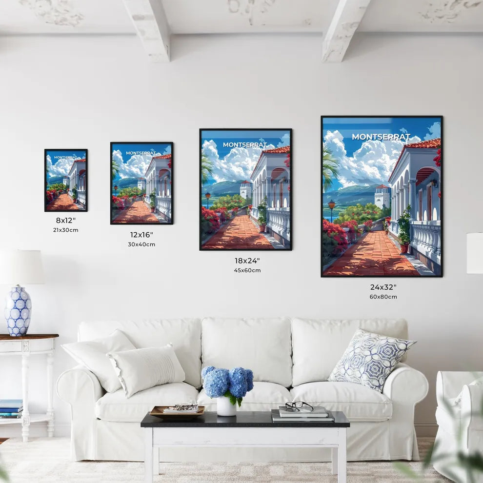 Colorful Art Painting of a Building with Balcony in Montserrat, North America with Mountain View Size Chart