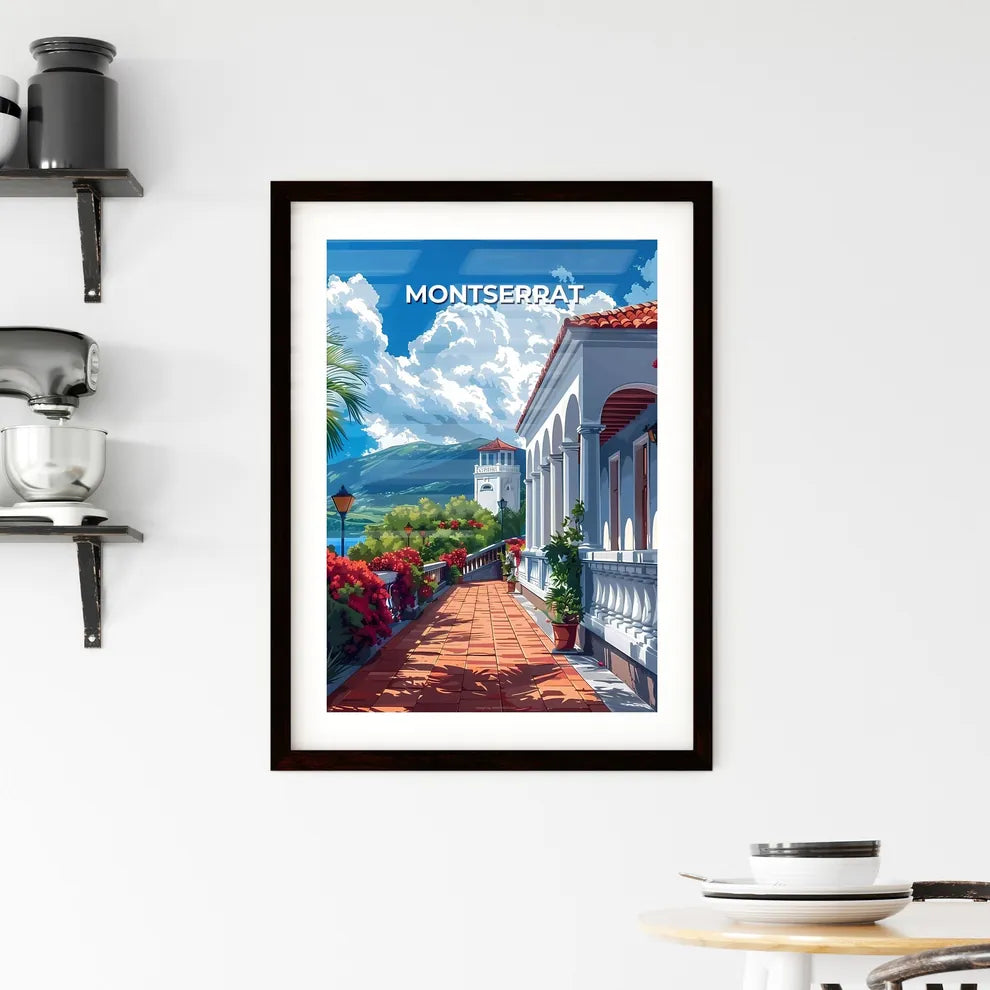 Colorful Art Painting of a Building with Balcony in Montserrat, North America with Mountain View Custom Print