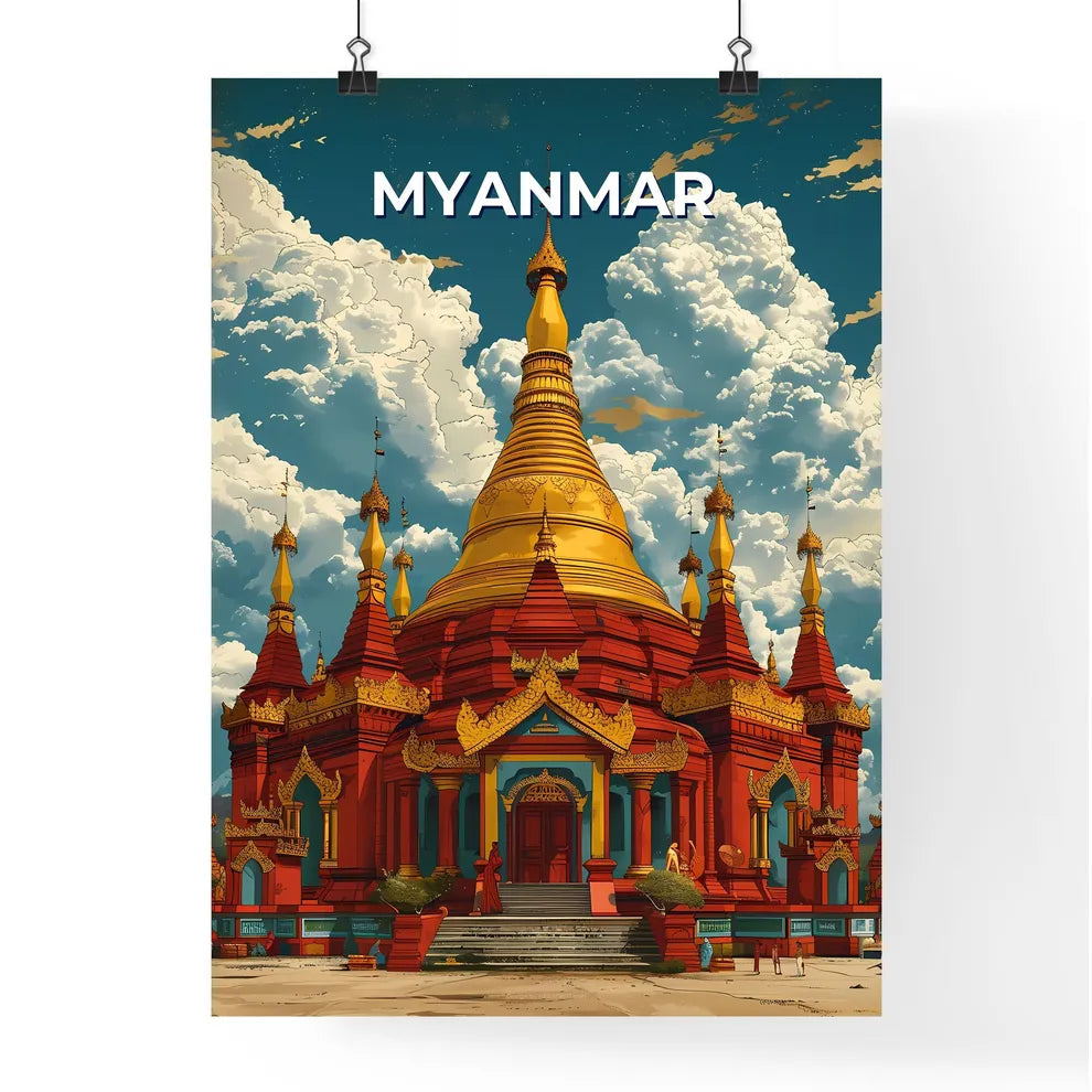 Buddhist Temple Artwork Myanmar Southeast Asia Painting Red Gold Blue Sky Clouds Traditional Poster