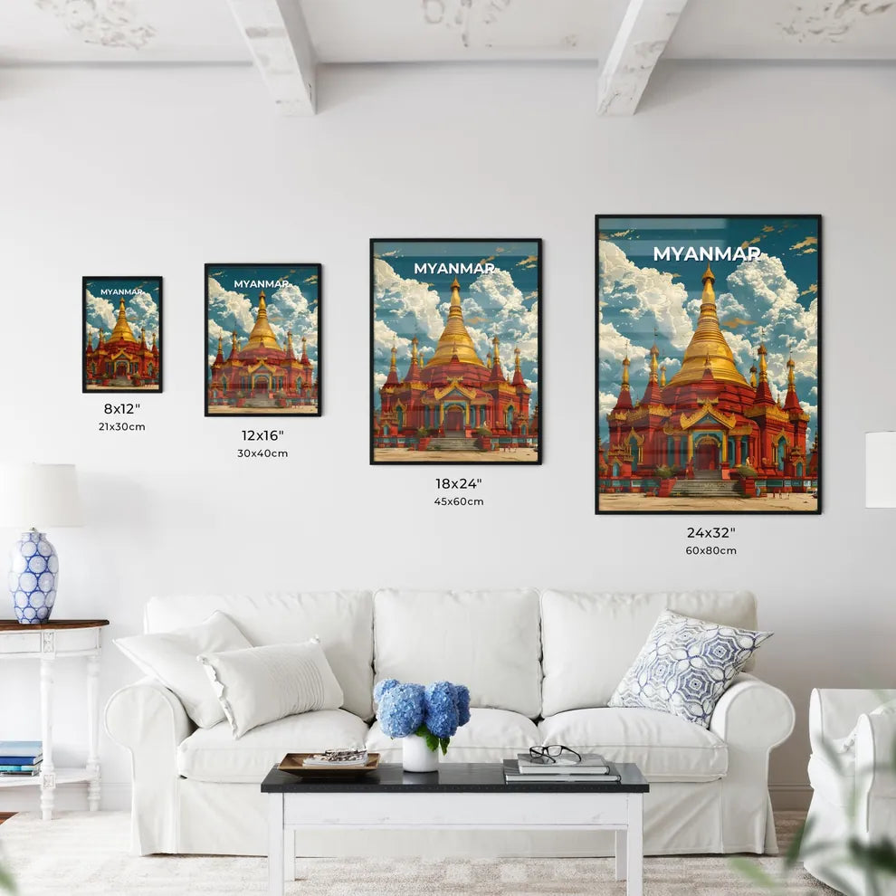 Buddhist Temple Artwork Myanmar Southeast Asia Painting Red Gold Blue Sky Clouds Traditional Size Chart