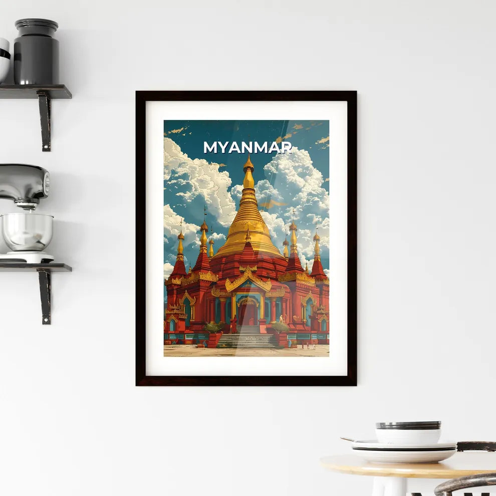 Buddhist Temple Artwork Myanmar Southeast Asia Painting Red Gold Blue Sky Clouds Traditional Custom Print