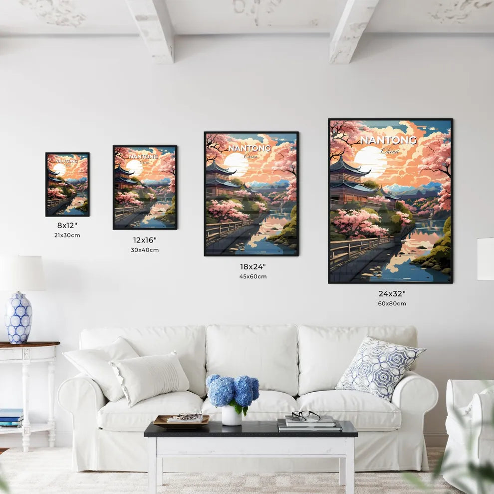 Painting of the Skyline of Nantong China with Building River Trees and Sunset Default Title