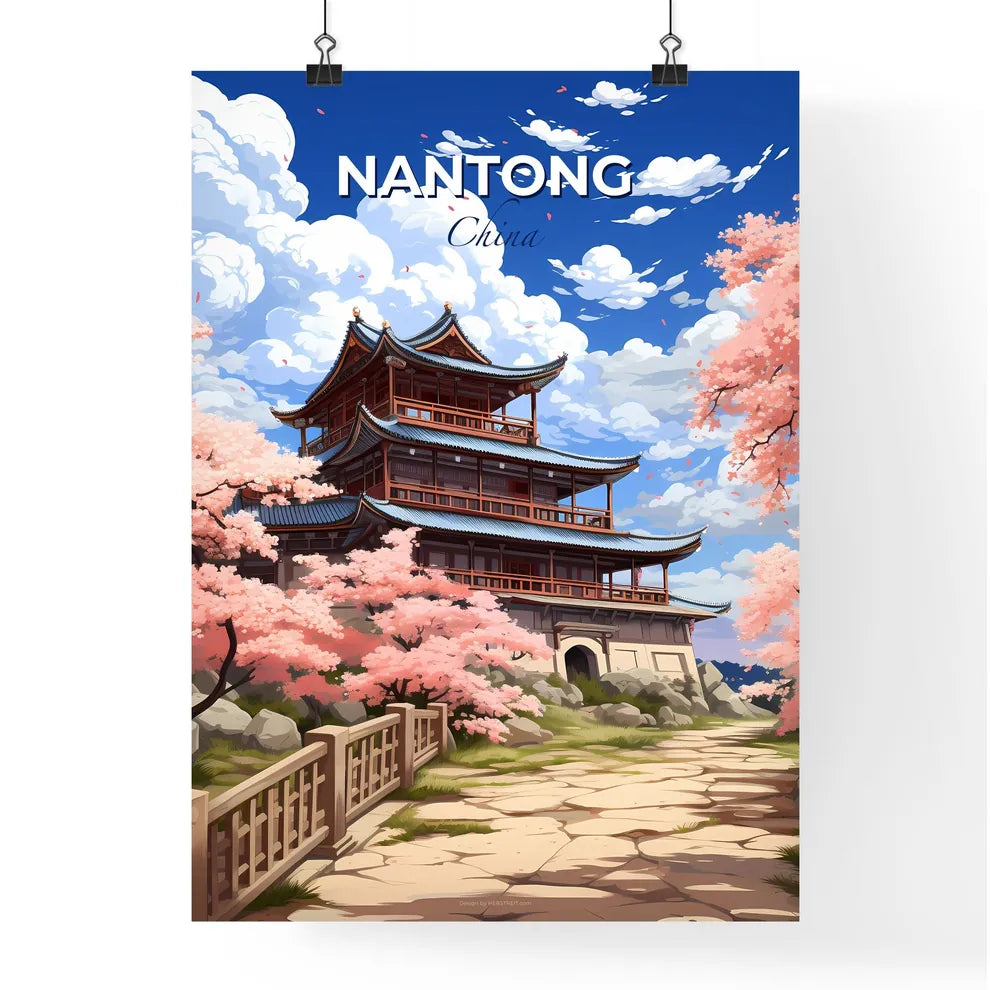 Artistic Skyline of Nantong Featuring Painted Building with Fence and Pink Flowers Default Title