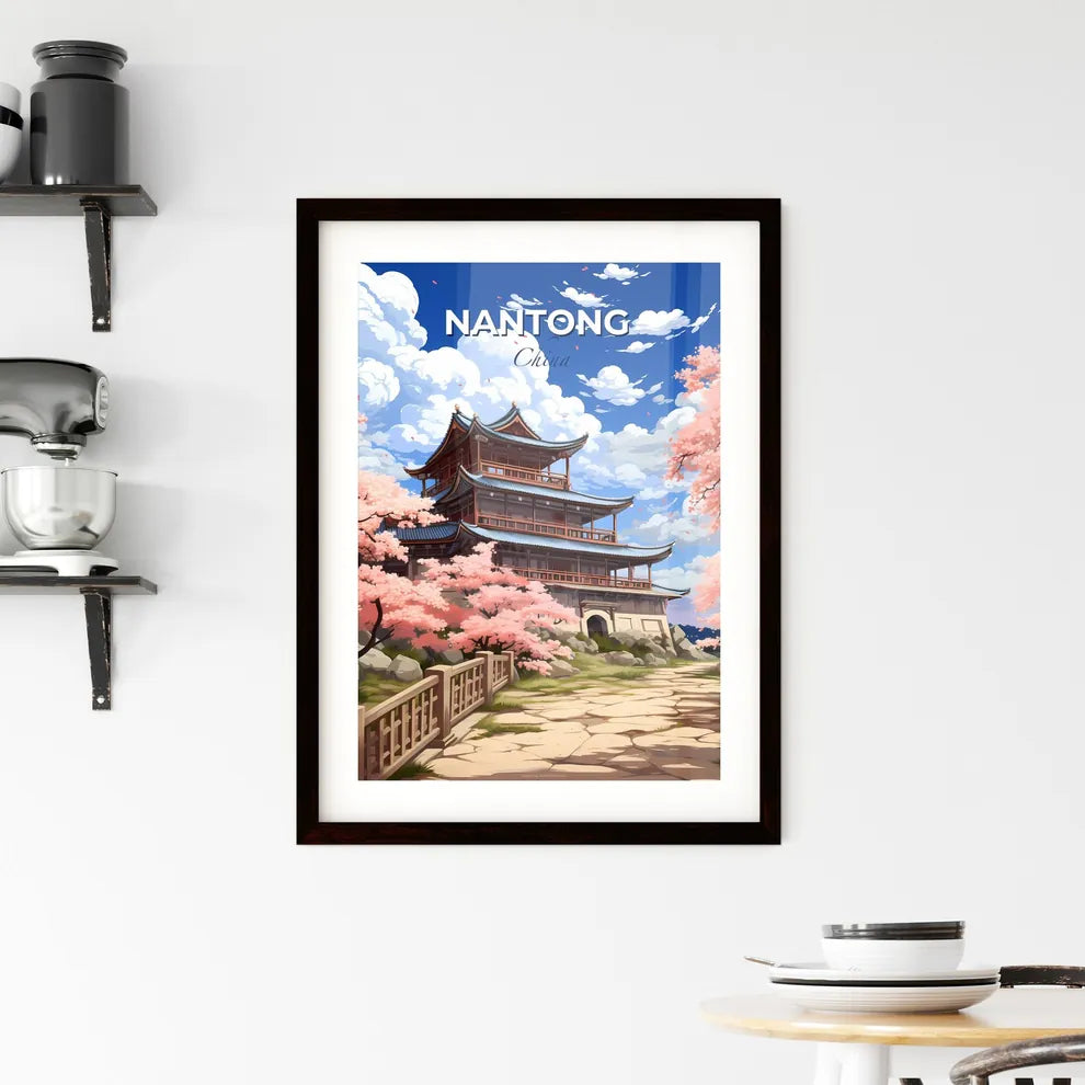 Artistic Skyline of Nantong Featuring Painted Building with Fence and Pink Flowers Default Title