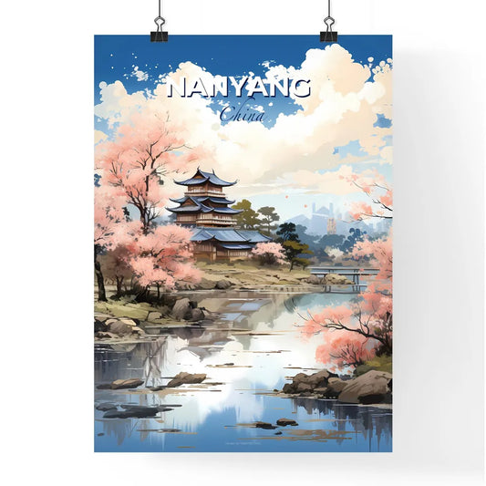 Nanyang China Artistic Cityscape Painting Pagoda Lake Pink Flowers Default Title