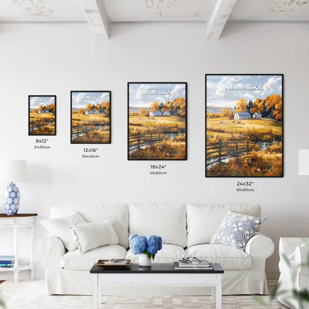 Nebraska, USA - Vibrant Painting Depicting Farm with Horses in Field Size Chart