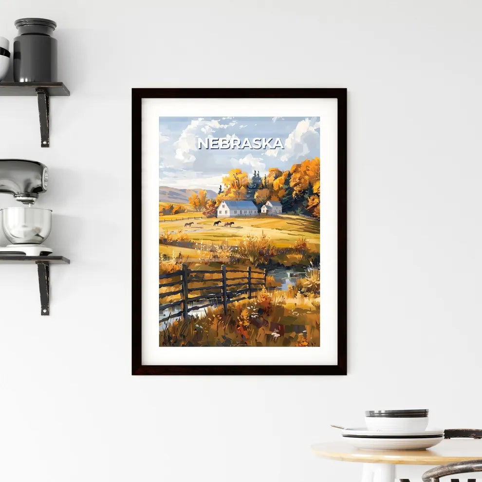 Nebraska, USA - Vibrant Painting Depicting Farm with Horses in Field Custom Print