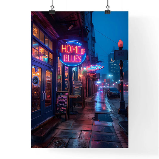 Neon Sign Home of the Blues Featuring Weathered Screen Print, Beale Street at Night, Vibrant and Artistic Representation Poster
