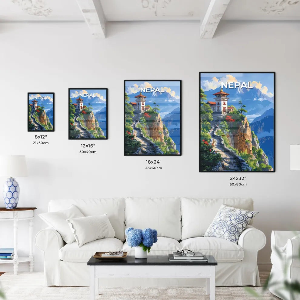 Vibrant Painting of a Building on a Cliff, Nepal, South Asia Size Chart