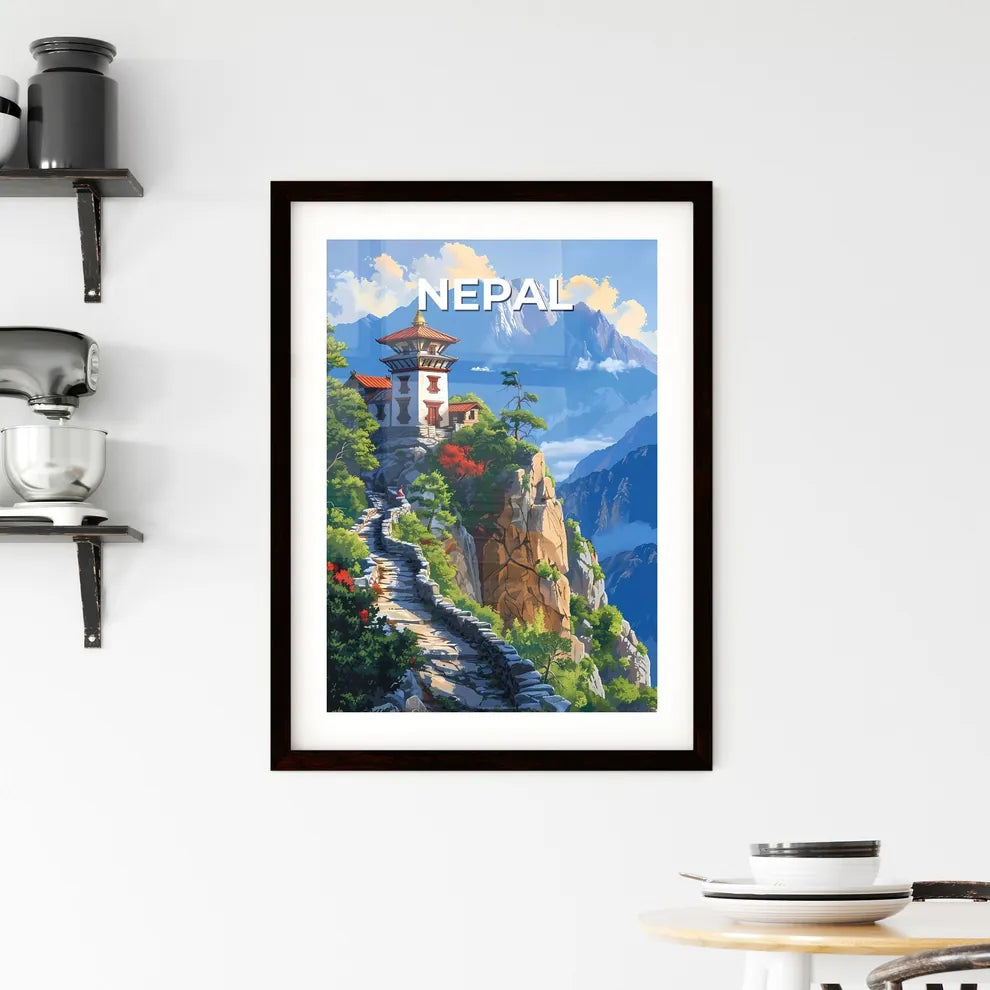 Vibrant Painting of a Building on a Cliff, Nepal, South Asia Custom Print