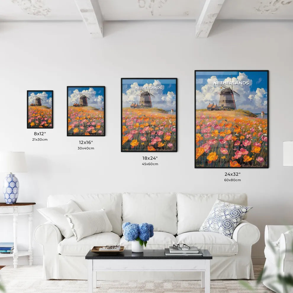 Vibrant Floral Windmill Landscape Painting, Netherlands, Europe Size Chart