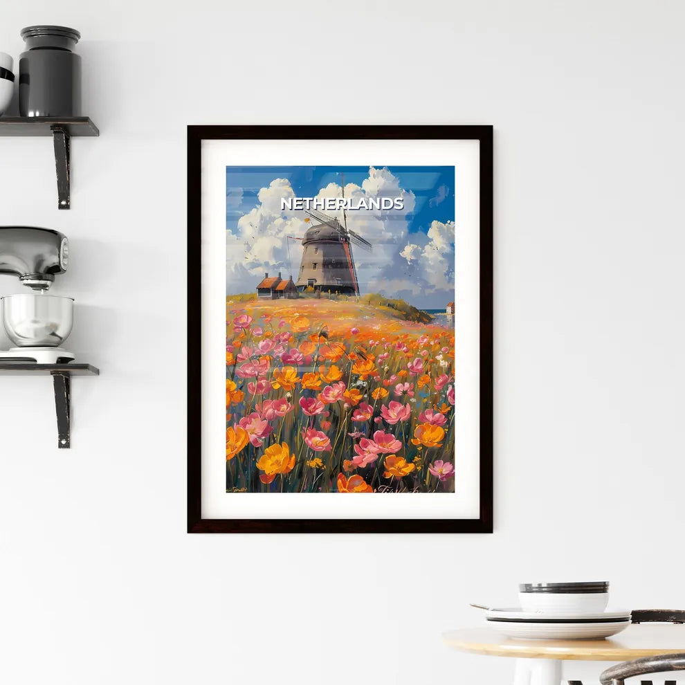 Vibrant Floral Windmill Landscape Painting, Netherlands, Europe Custom Print