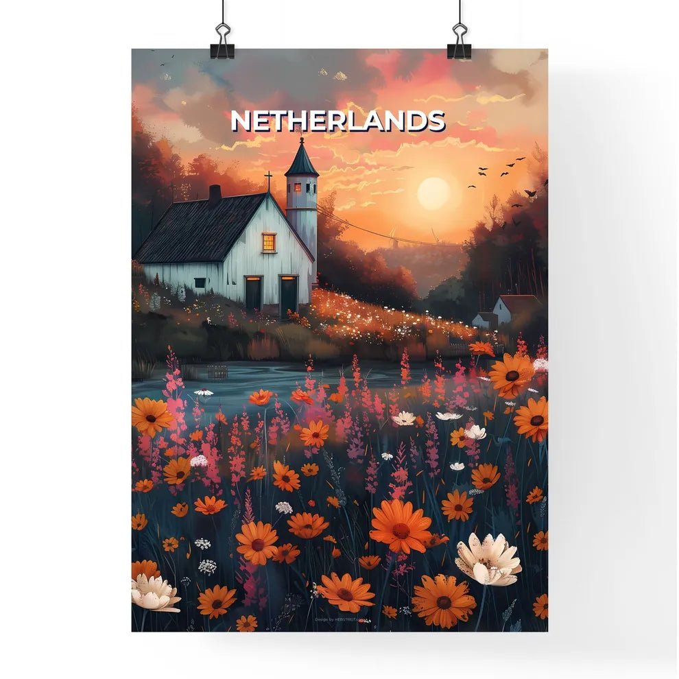 Impressionistic Painting of a Quaint House and Colorful Flowers, Netherlands, Europe Poster