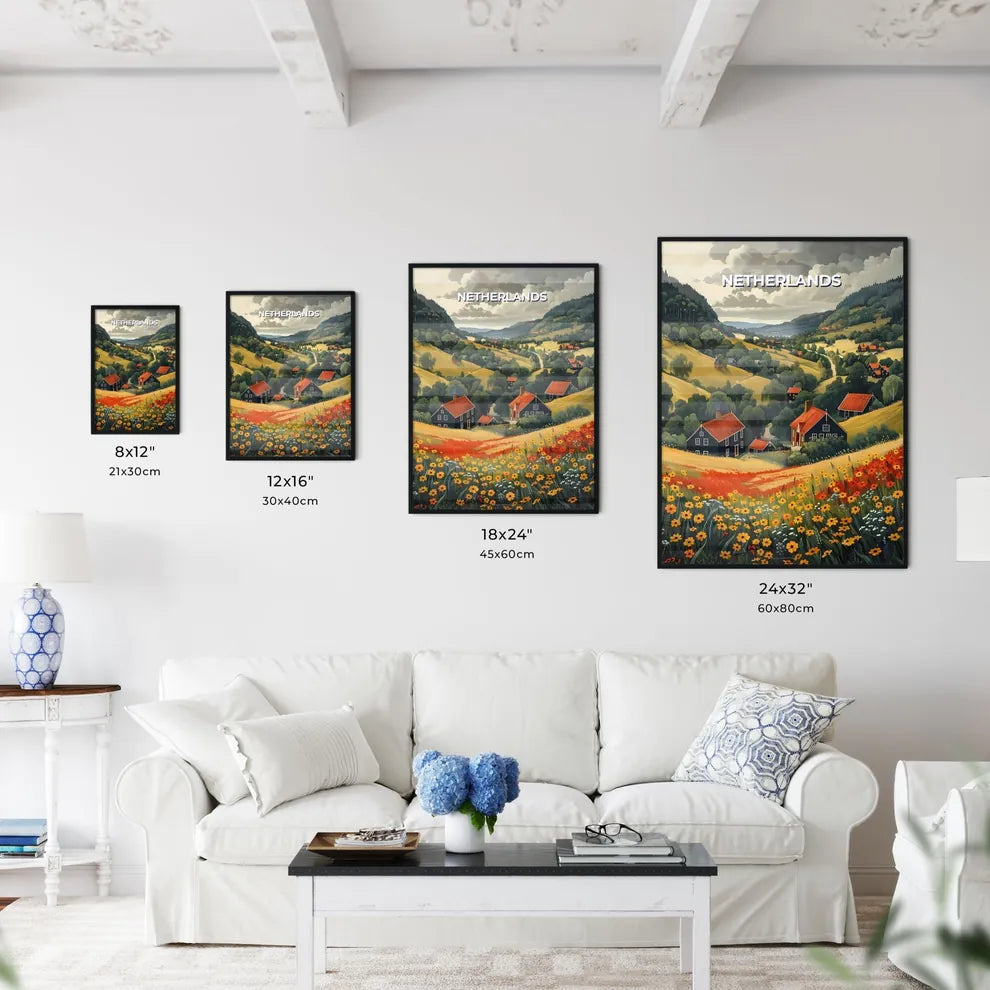 Vibrant Painting of Netherlands Landscape with Houses and Flowers, Showcasing Art and Beauty Size Chart