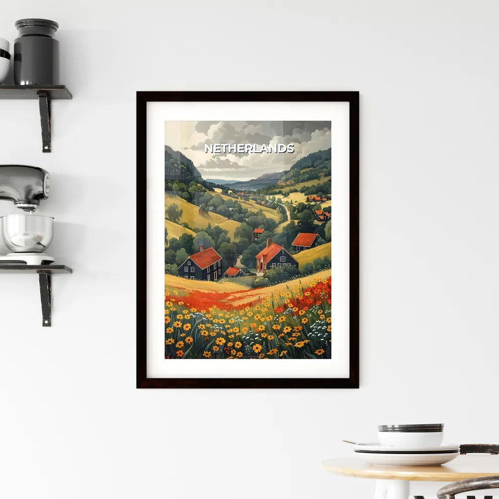 Vibrant Painting of Netherlands Landscape with Houses and Flowers, Showcasing Art and Beauty Custom Print