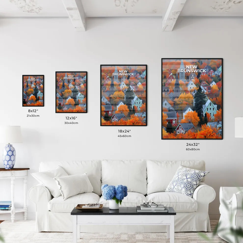Vibrant Acrylic Painting of Charming Houses and Orange Trees in New Brunswick, Canada Size Chart