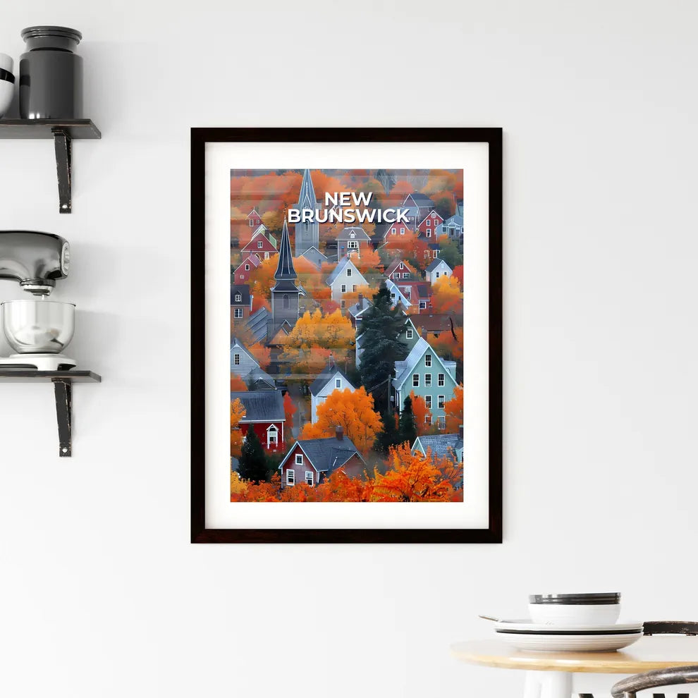 Vibrant Acrylic Painting of Charming Houses and Orange Trees in New Brunswick, Canada Custom Print