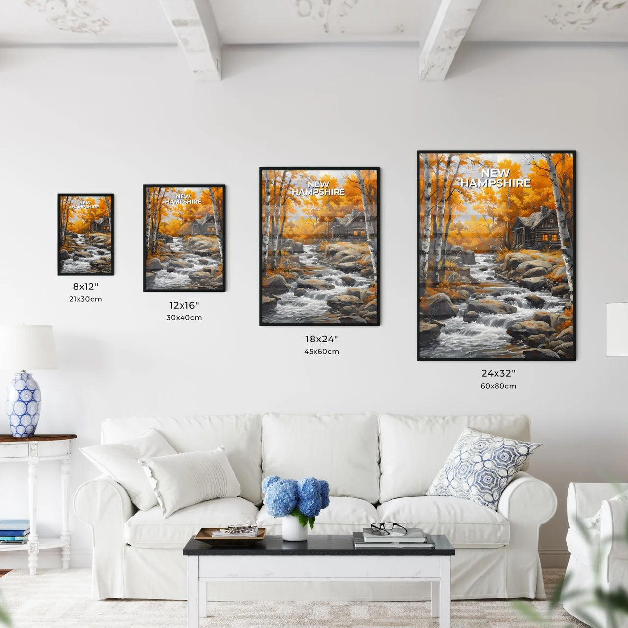 Vibrant Forest River Scene Painting, New Hampshire USA Size Chart