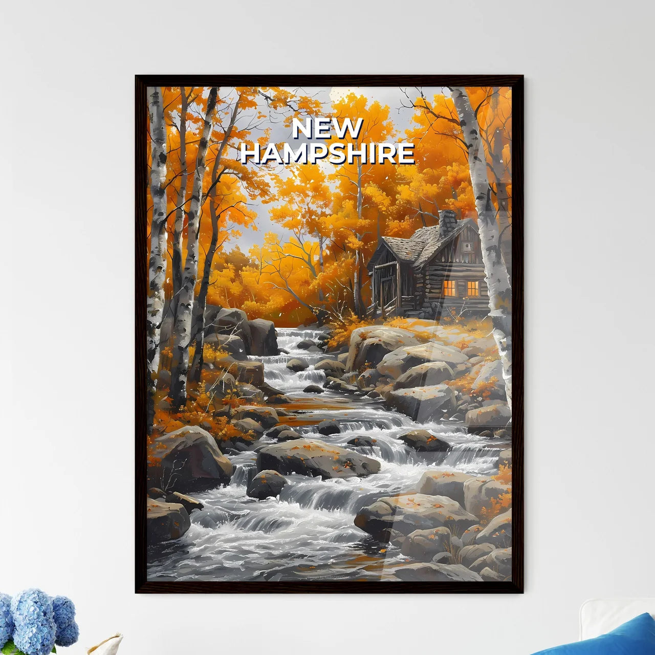 Vibrant Forest River Scene Painting, New Hampshire USA Framed Art