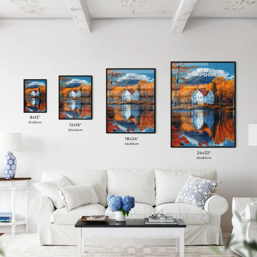 New Hampshire, USA - Vibrant Painting: Mountain House by the Lake Size Chart