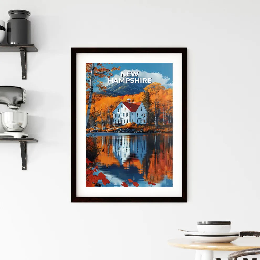 New Hampshire, USA - Vibrant Painting: Mountain House by the Lake Custom Print