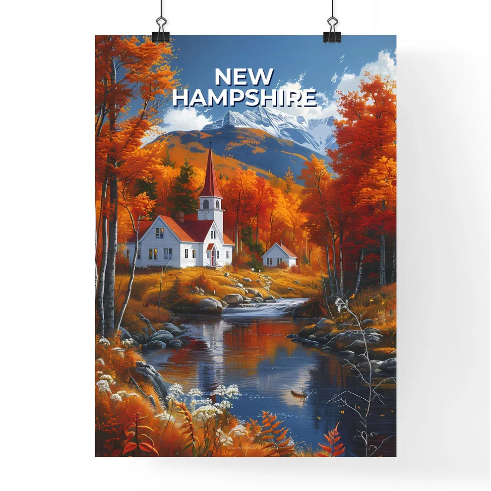 Fine Art Painting Depicting a White House with Red Roof Amidst Trees by a River in New Hampshire, USA Poster