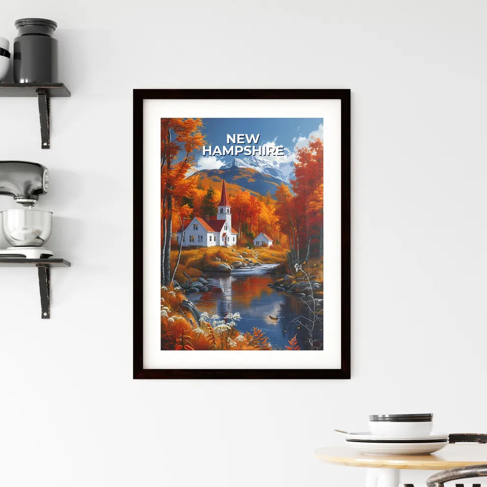 Fine Art Painting Depicting a White House with Red Roof Amidst Trees by a River in New Hampshire, USA Custom Print