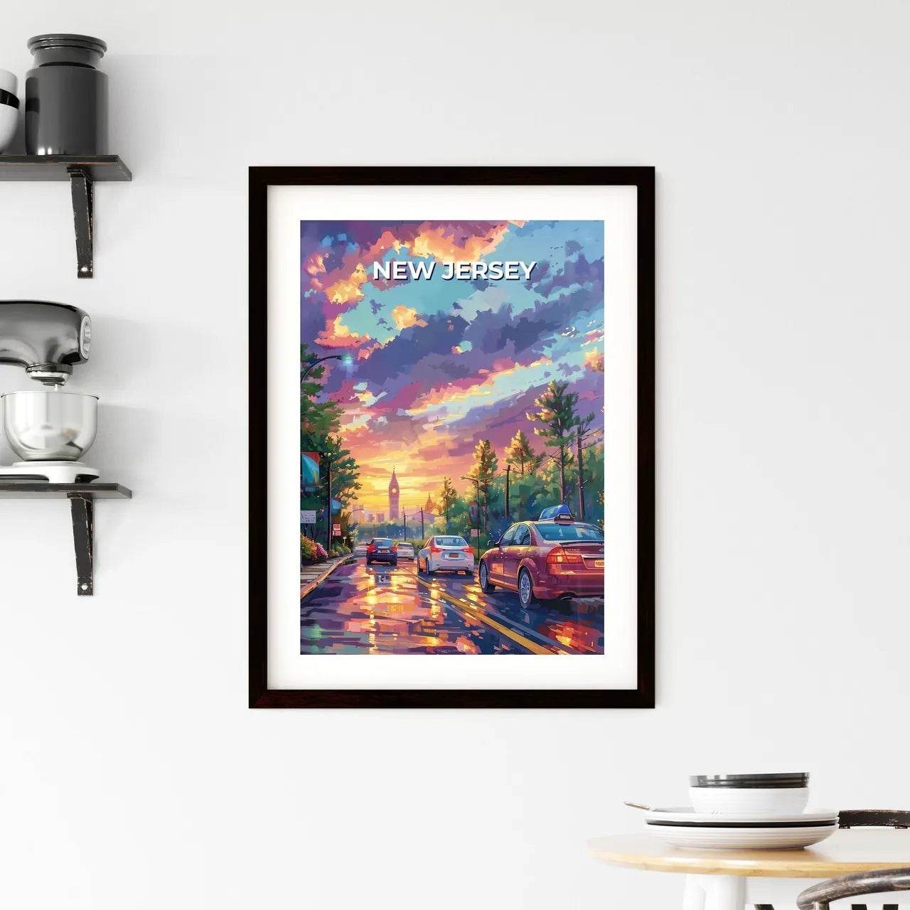 Vibrant Street Art Mural Depicting American Cityscape with Automobiles and Lush Trees Custom Print