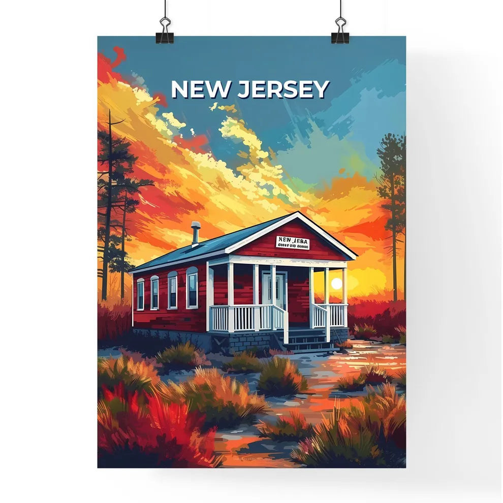 Vibrant Red House in New Jersey Field Landscape, Artistic Painting Nature Trees Poster
