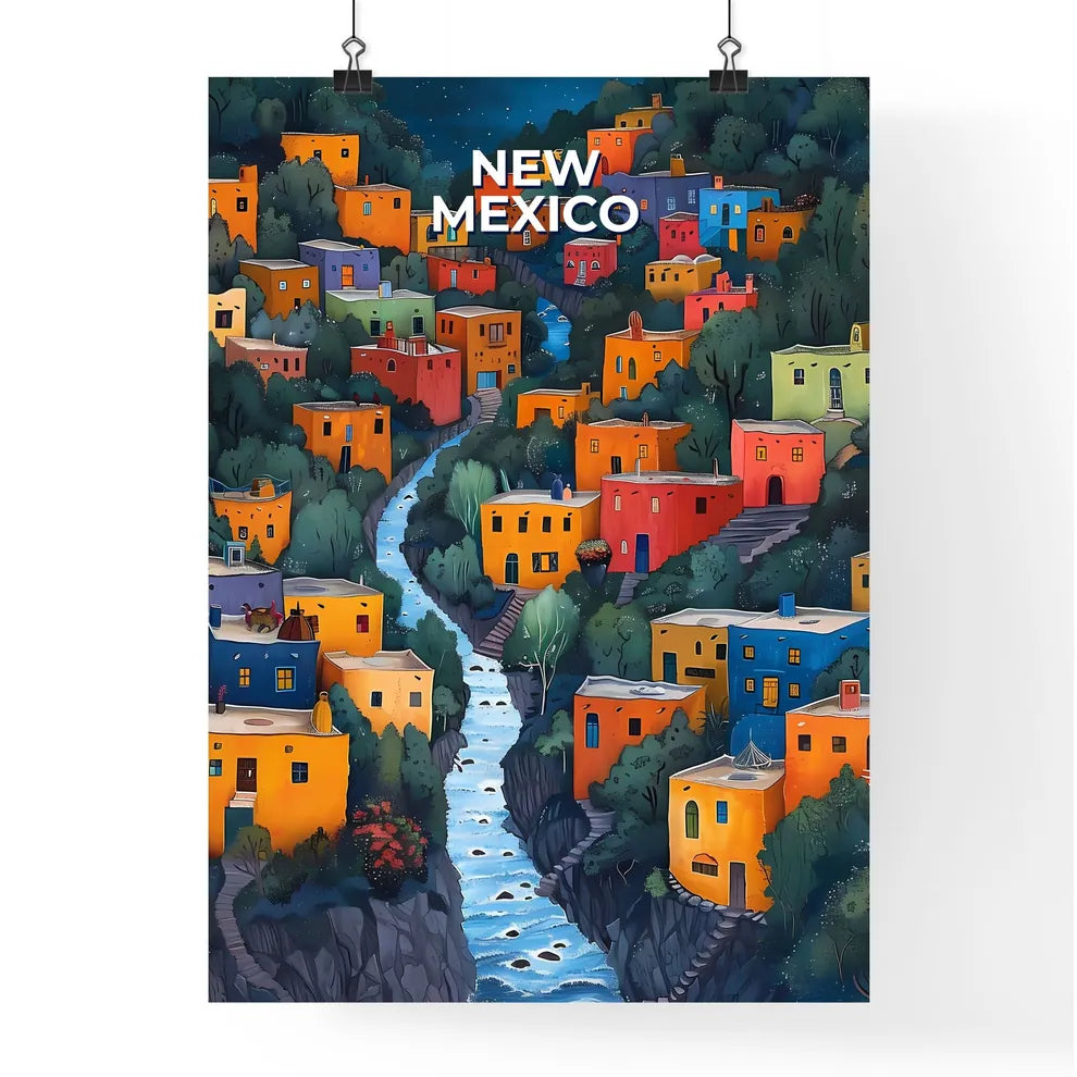 Colorful Houses and River in New Mexico, USA - Vibrant Painting Art Poster