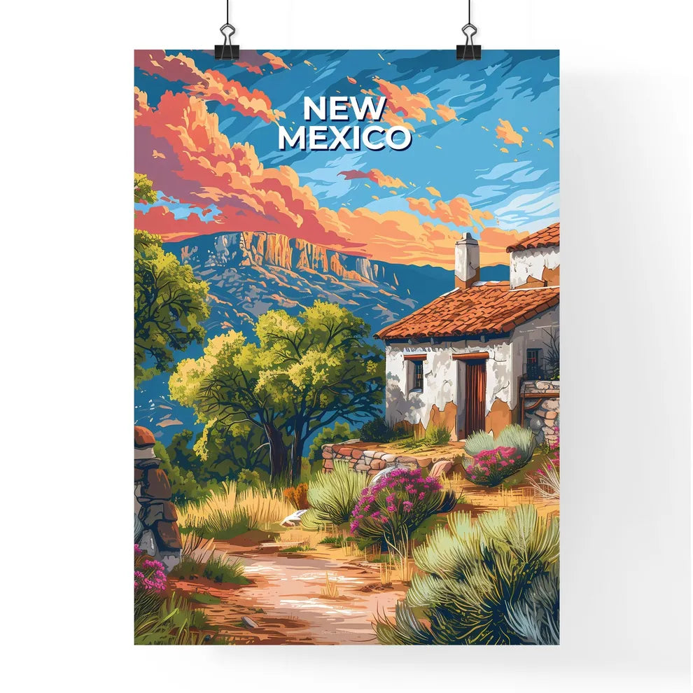 Vibrant Painting Depicting House Amidst Picturesque New Mexico Valley Poster