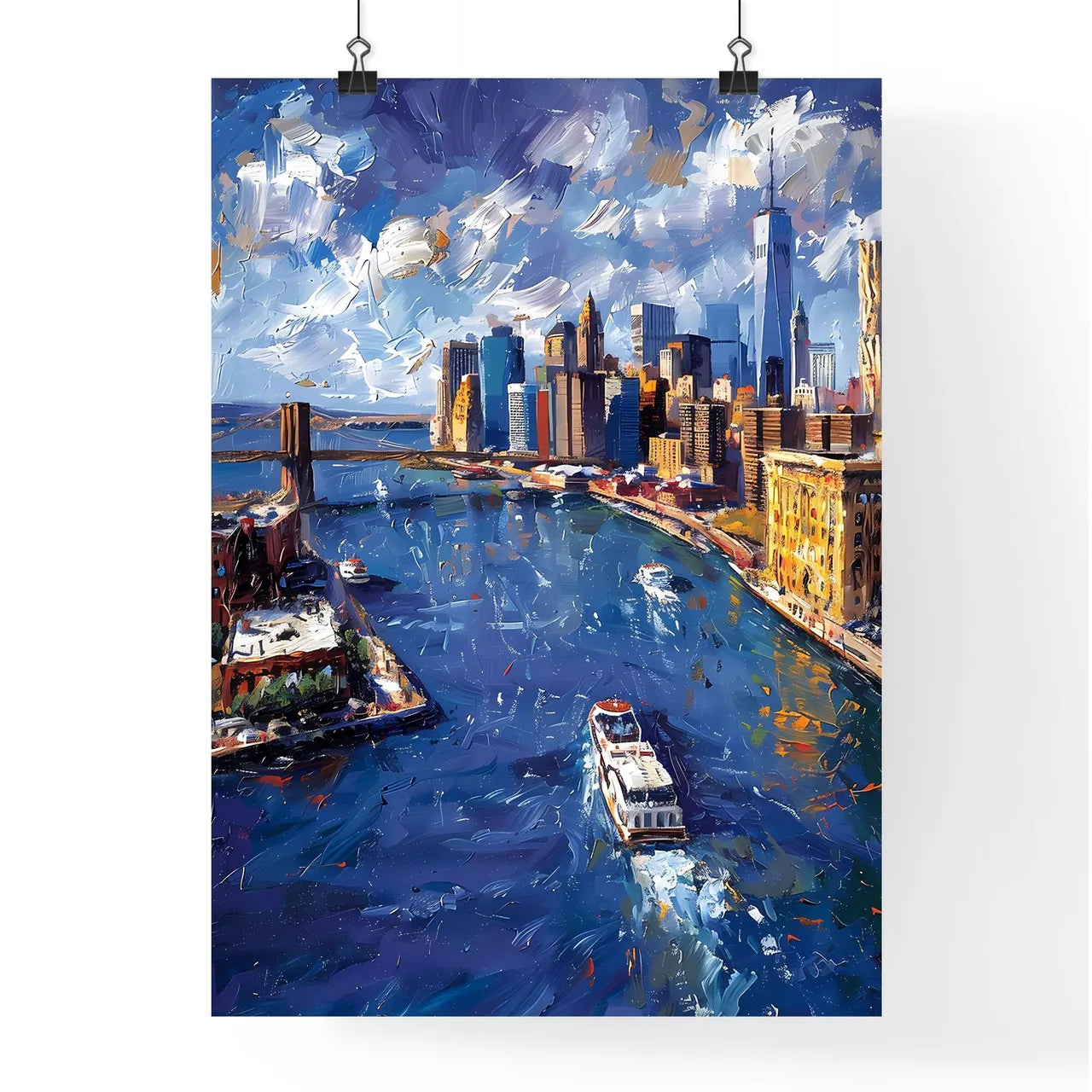 Painting: Abstract Cityscape with Bridge and Boats - Vibrant Artwork, New York City Poster