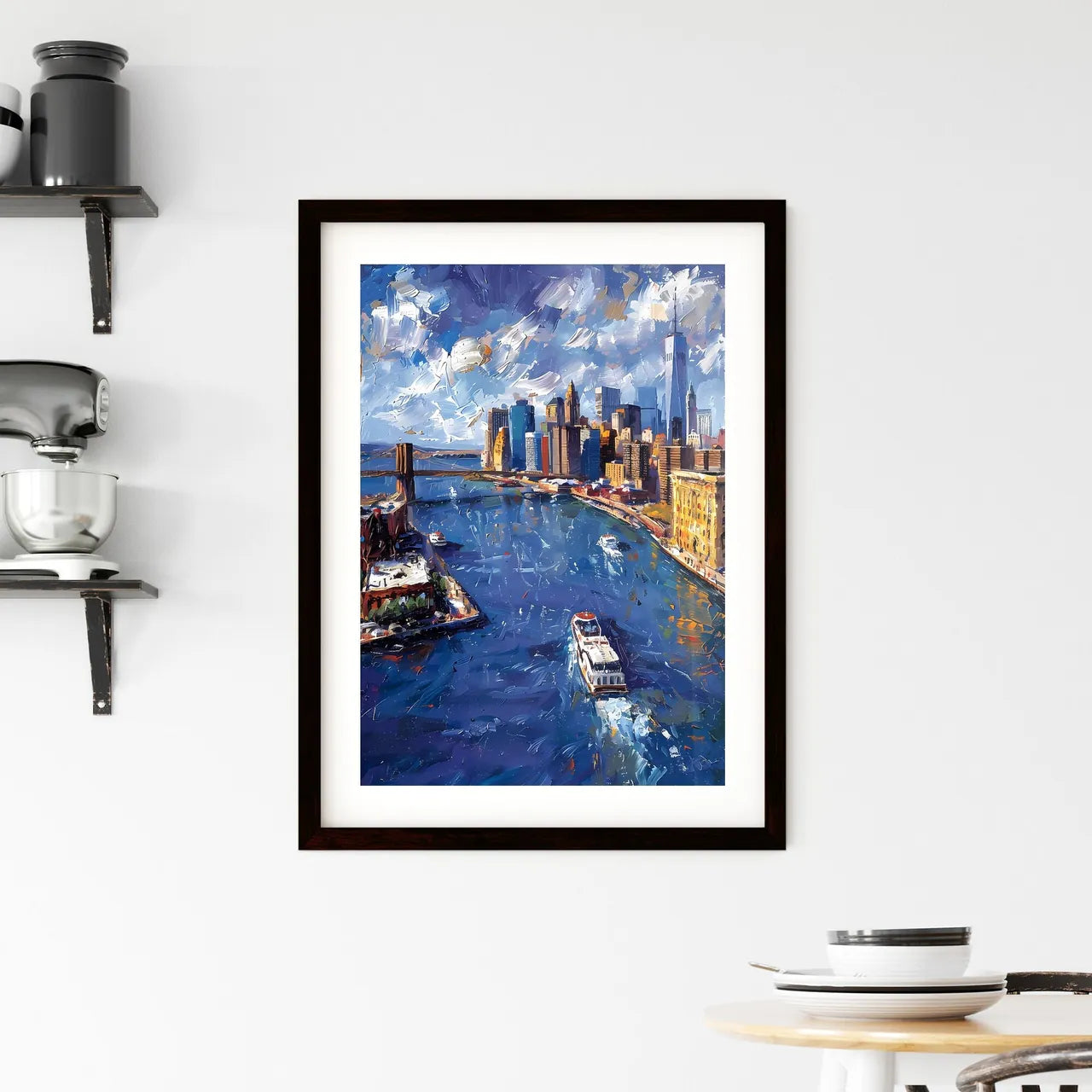 Painting: Abstract Cityscape with Bridge and Boats - Vibrant Artwork, New York City Custom Print
