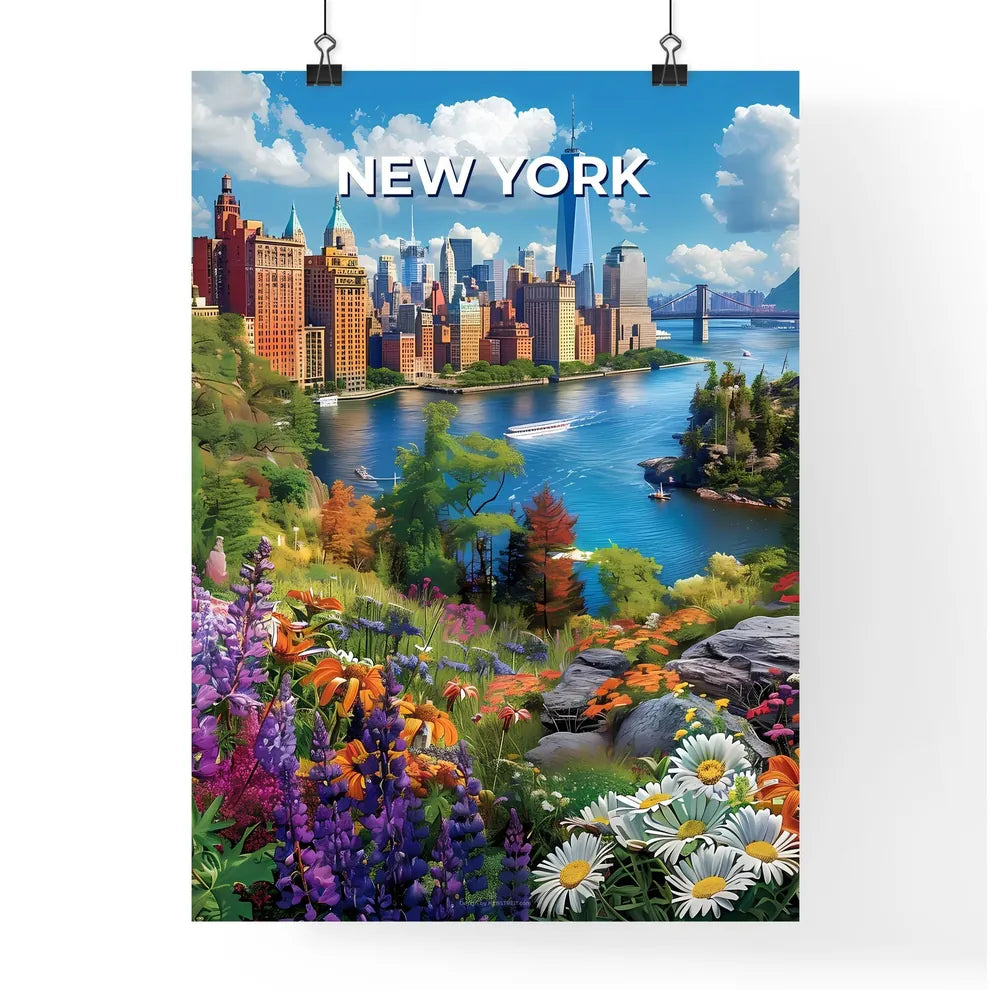 Colorful Manhattan Painting: Unique City Art Featuring a River and Flowers Poster