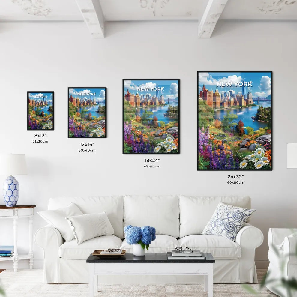 Colorful Manhattan Painting: Unique City Art Featuring a River and Flowers Size Chart