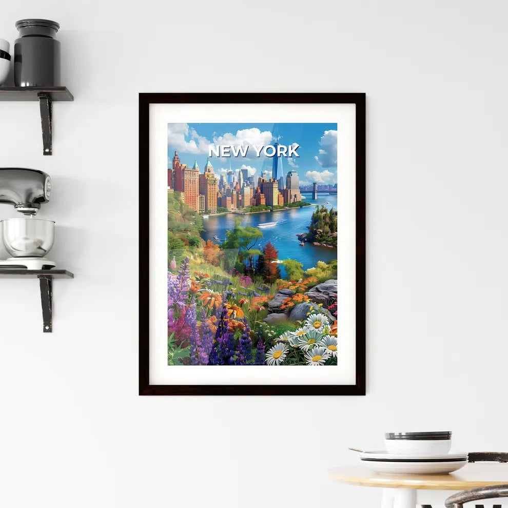 Colorful Manhattan Painting: Unique City Art Featuring a River and Flowers Custom Print