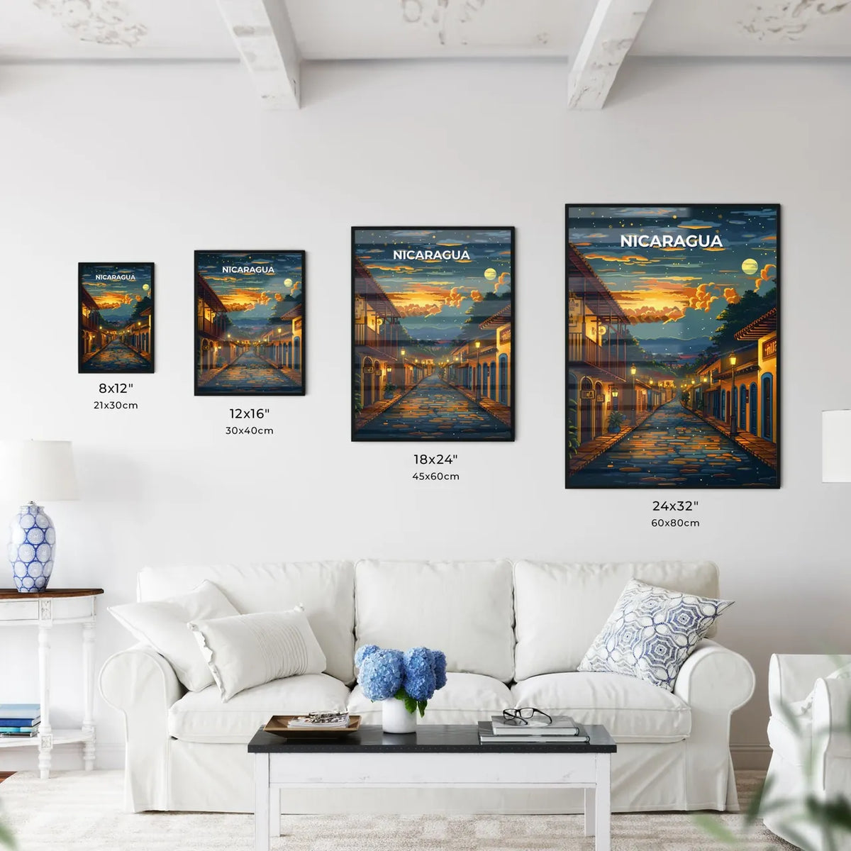 Nicaragua, North America - Vibrant Street Scene Depicted in Artistic Painting Size Chart