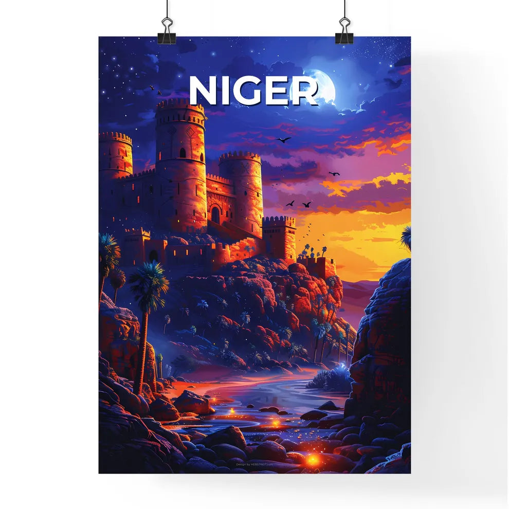 African Art Castle River Moon Hill Painting Vibrant Colorful Artwork Poster
