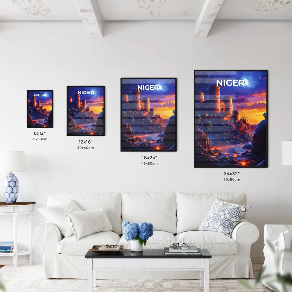 African Art Castle River Moon Hill Painting Vibrant Colorful Artwork Size Chart