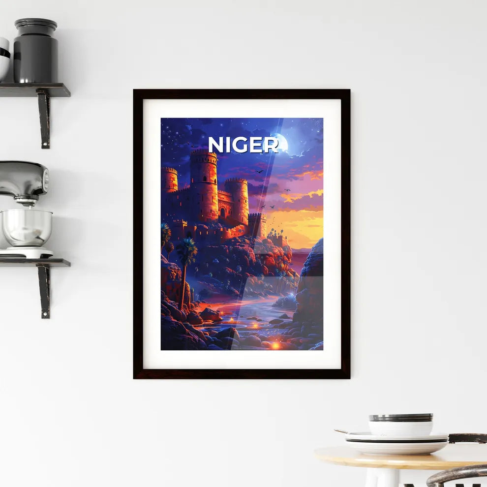 African Art Castle River Moon Hill Painting Vibrant Colorful Artwork Custom Print