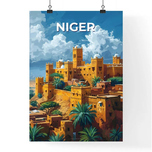 Vibrant African Castle Painting of Niger with Palm Trees on a Hill Poster