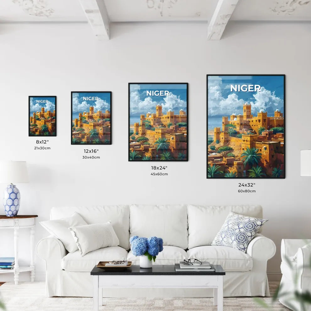 Vibrant African Castle Painting of Niger with Palm Trees on a Hill Size Chart