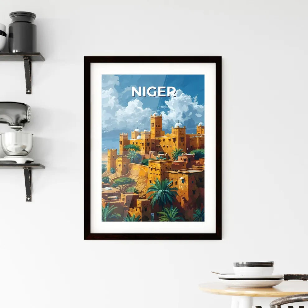 Vibrant African Castle Painting of Niger with Palm Trees on a Hill Custom Print
