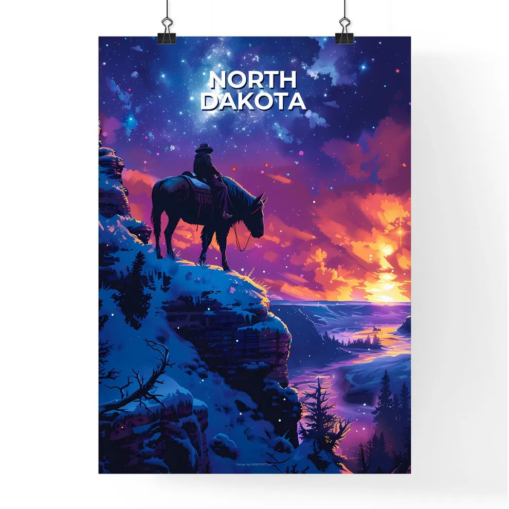 Vibrant Equestrian Art: Person on Horse Admiring Sunset in North Dakota Poster