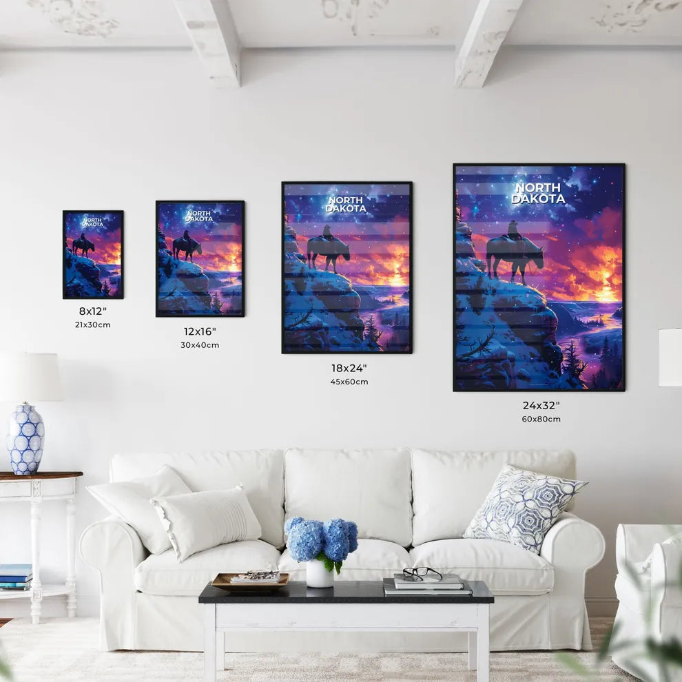 Vibrant Equestrian Art: Person on Horse Admiring Sunset in North Dakota Size Chart
