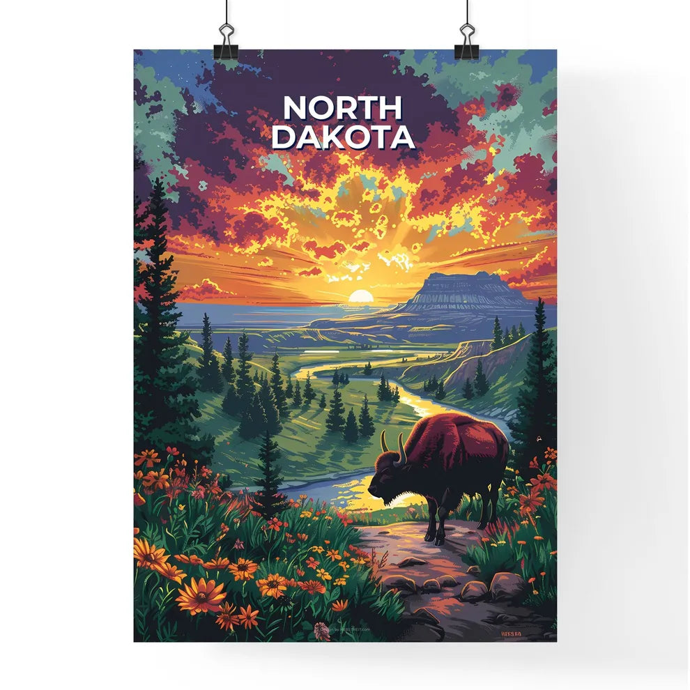Vibrant North Dakota Buffalo Sunset Painting: Artful Stock Image with Flowers Poster