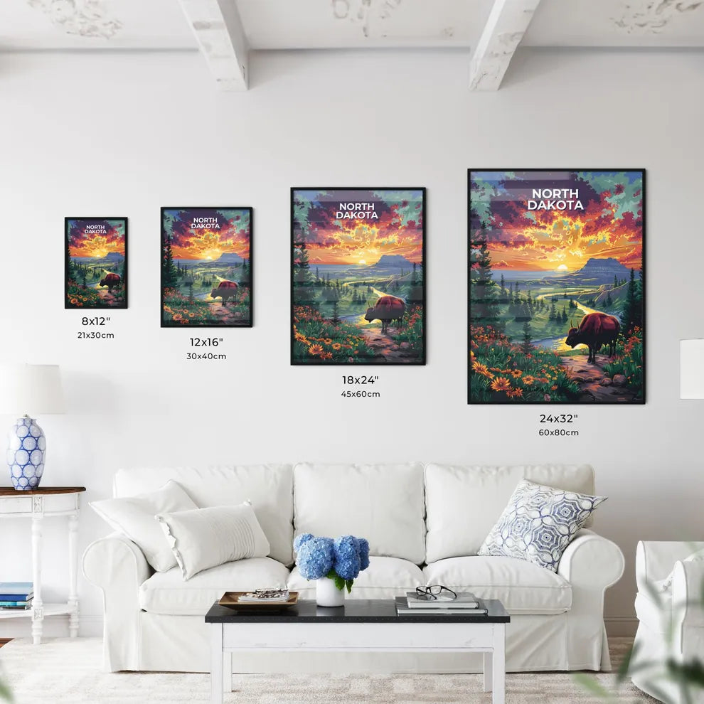 Vibrant North Dakota Buffalo Sunset Painting: Artful Stock Image with Flowers Size Chart