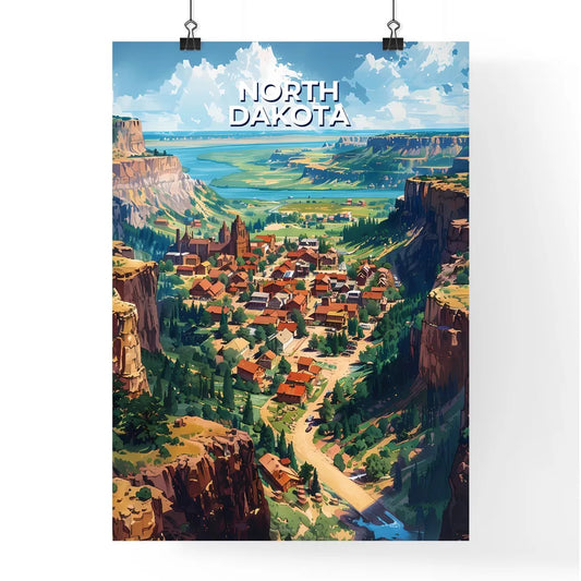 Vibrant Painting of a Town Nestled in a Picturesque Canyon, North Dakota, USA Poster