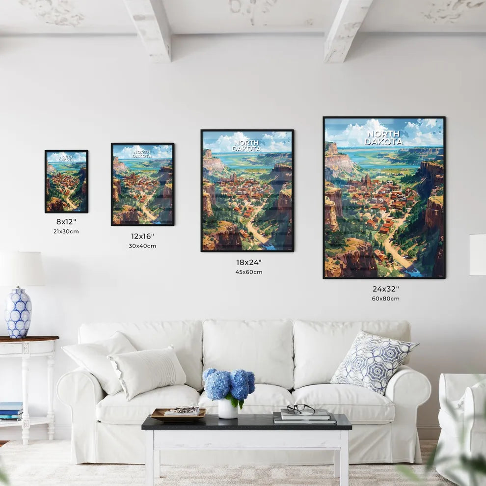 Vibrant Painting of a Town Nestled in a Picturesque Canyon, North Dakota, USA Size Chart
